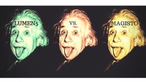Bilden visar tre gånger Einsteins välkända konterfej där han visar fram sin tunga. Konterfej har olika färger - grön, röd, gul. På Einsteins panna står det namnet av två video marketing tools. “Lumen5” på den första, “vs.” på den andra och “Magisto” på den tredje. 