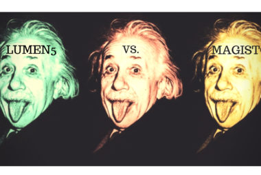 Bilden visar tre gånger Einsteins välkända konterfej där han visar fram sin tunga. Konterfej har olika färger - grön, röd, gul. På Einsteins panna står det “Lumen5” på den första, “vs.” på den andra och “Magisto” på den tredje.