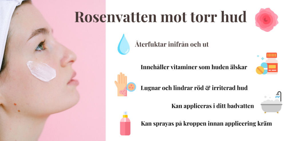 Rosenvatten fungerar återfuktande och har flera fördelar för torr hud.