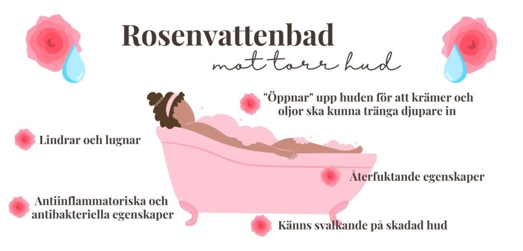 Ett bad i rosenvatten har många fördelar för torr hud.