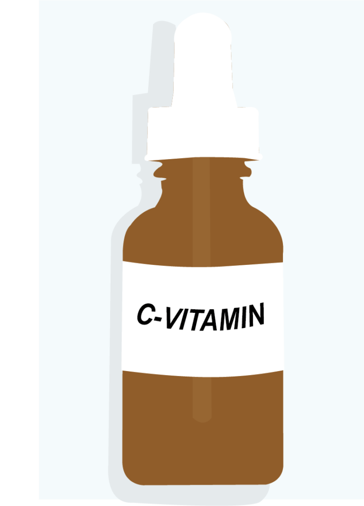 Grafisk bild på en brun flaska med vit kork med etiketten "C-vitamin". 