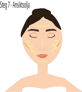 En illustration av en kvinnas ansikte. Kvinnan blundar och har gula streck längs ansiktet. Dessa föreställer olja och visar vart den ska appliceras. 