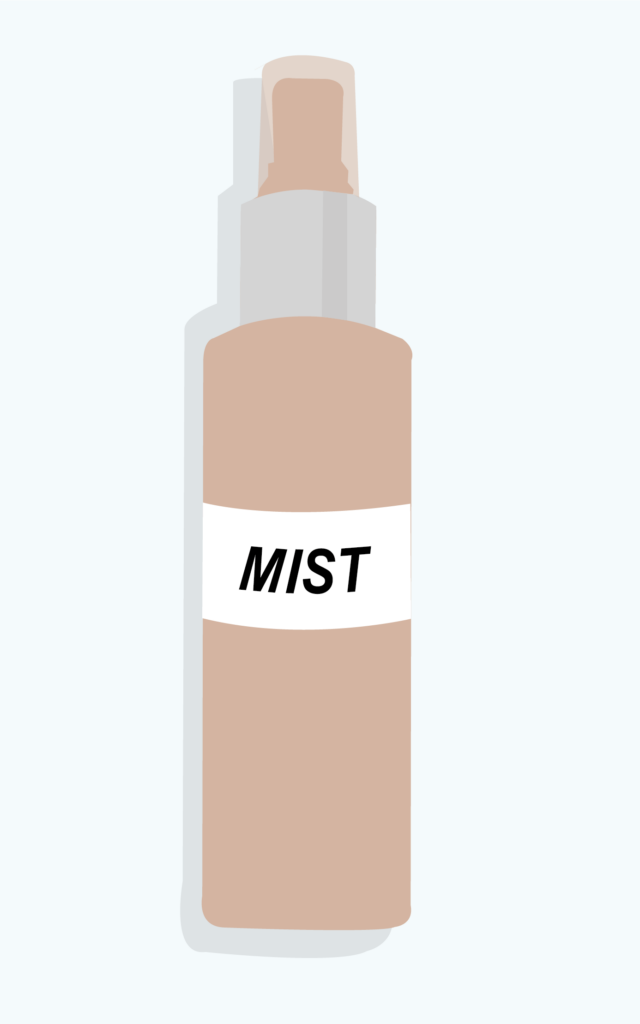 Grafisk bild på en brun sprayflaska med etiketten "mist". 